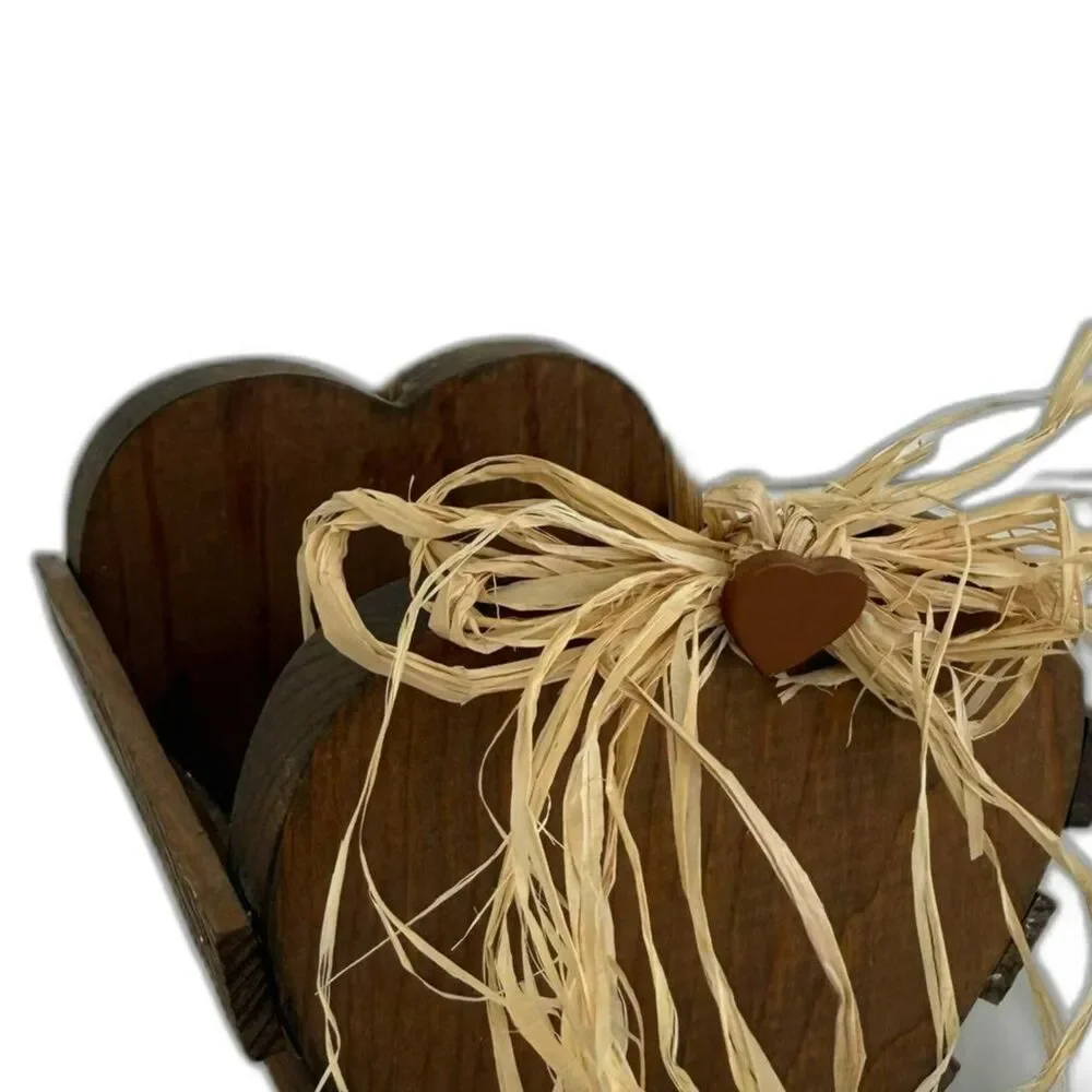 Heart Slatted Decorative Wooden Basket with Handle Raffia Charm Cottagecore
